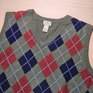 LL Bean Mens Argyle Sweater Vest Green Lambs Wool XXL Tall V Neck Grandpacore